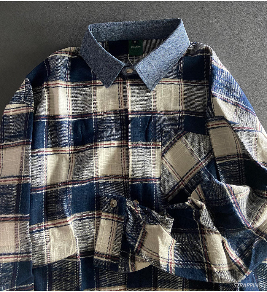 Japanese Vintage Spliced Collar Oversized Plaid Cotton Shirt – Unisex Long-Sleeve Check Shirt – Japanese vintage | yamalin clothes | Yamalinclothes