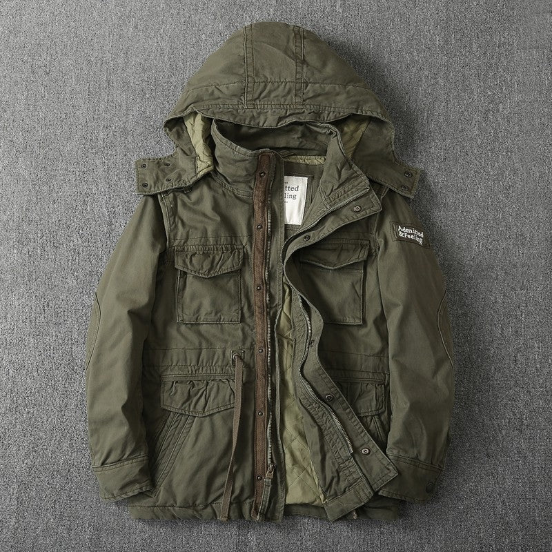 Heavy Distressed Hooded Camouflage Cargo Jacket – Oversized Cotton Outdoor Coat