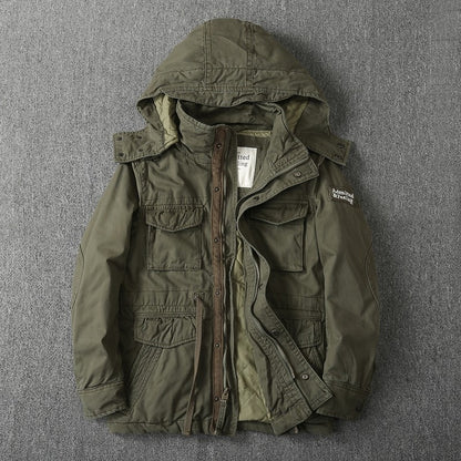 Heavy Distressed Hooded Camouflage Cargo Jacket – Oversized Cotton Outdoor Coat