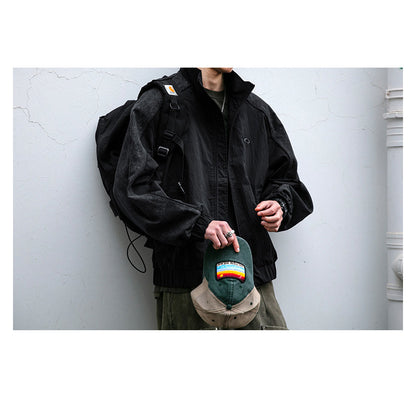 Spliced Textured Stand-Collar Jacket – American Retro Oversized Unisex
