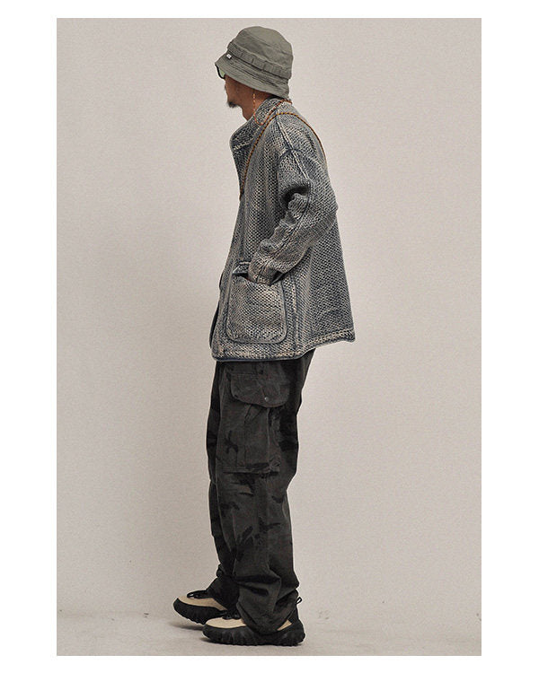 Textured Denim Jacket – Stand Collar & Bound Pockets