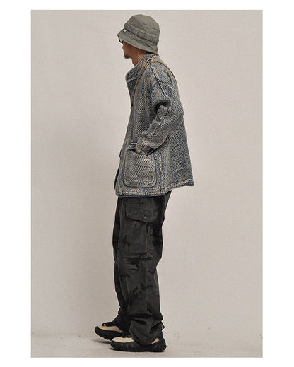 Textured Denim Jacket – Stand Collar & Bound Pockets