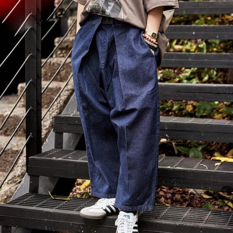 Vintage Indigo-Dyed Loose Jeans – Handmade Elastic Adjustable Waist Streetwear