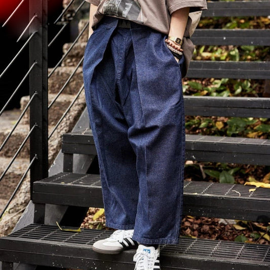 Vintage Indigo-Dyed Loose Jeans – Handmade Elastic Adjustable Waist Streetwear – Japanese vintage | yamalin clothes | Yamalinclothes