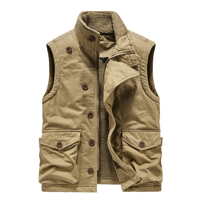 Multi-Pocket Fleece-Lined Utility Vest – Stand Collar Sleeveless Workwear Unisex – Vest | japanese streetwear | vintage workwear | unisex | Yamalinclothes