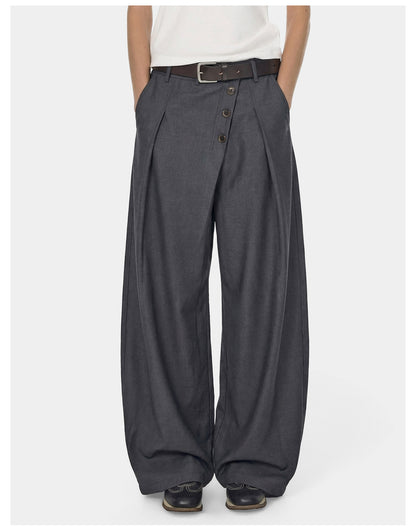 Wide-Leg Trousers – Diagonal Buttons & Deep Pleats