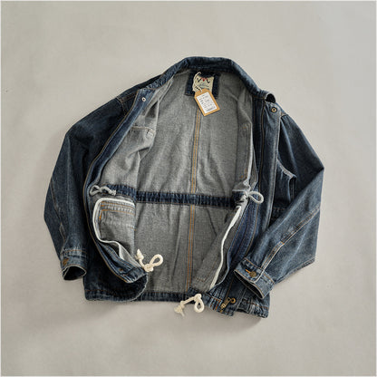 Heavyweight Washed Denim Jacket – Vintage Workwear Multi-Pocket Drawstring Coat