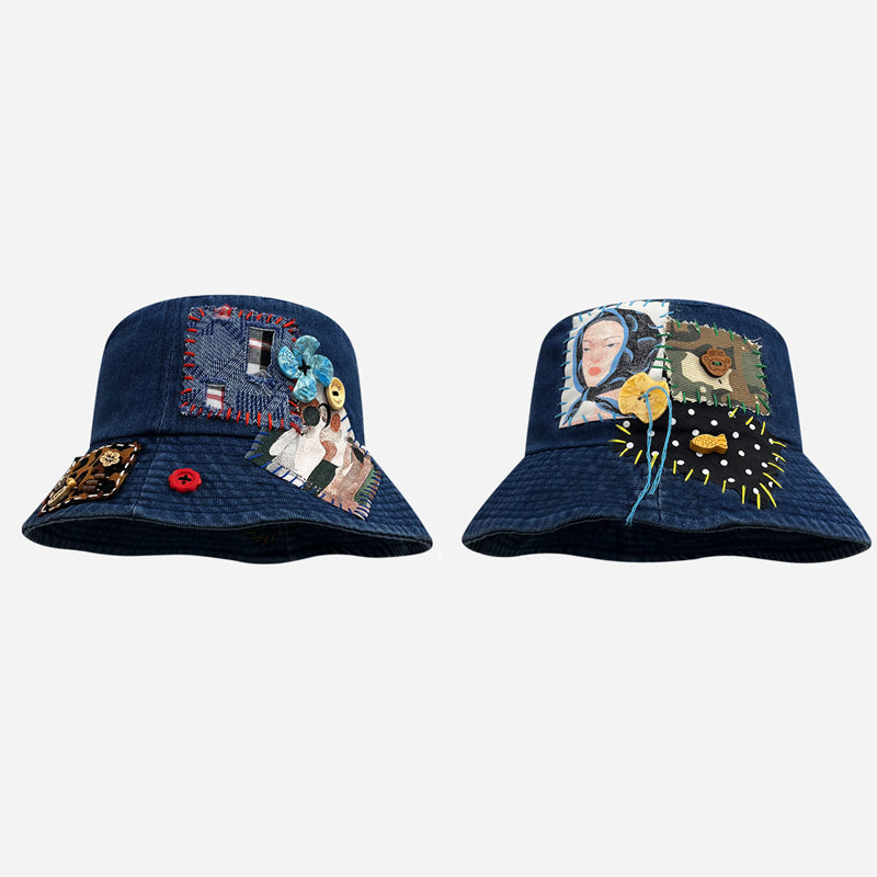 Denim Abstract Appliqué Fisherman Hat – Wide Brim Sun Protection Streetwear – Japanese vintage | yamalin clothes | Yamalinclothes