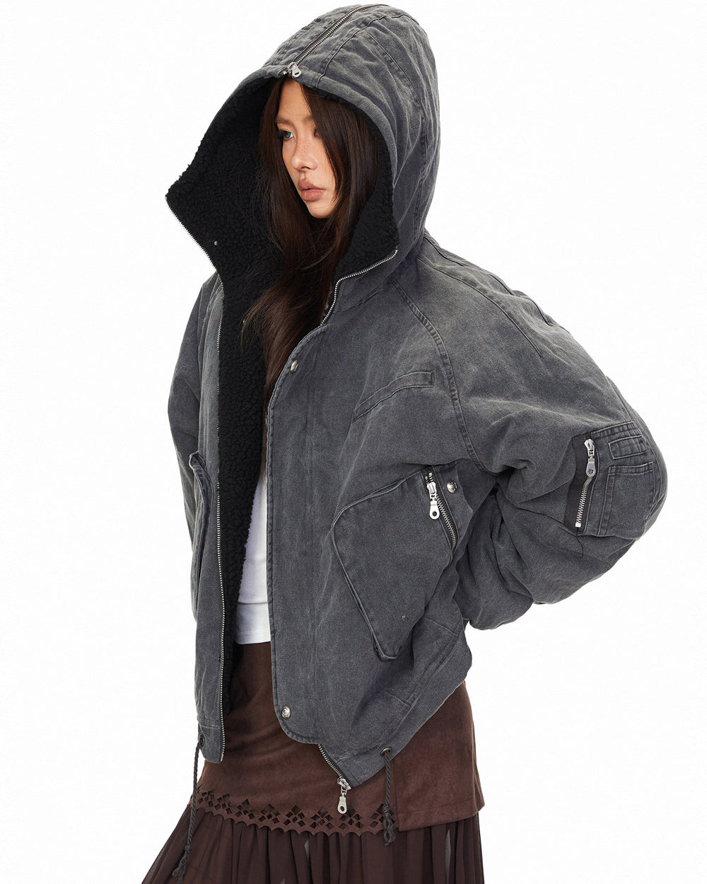 Polar Fleece Hooded Denim Cargo Jacket – Thickened Oversized Unisex