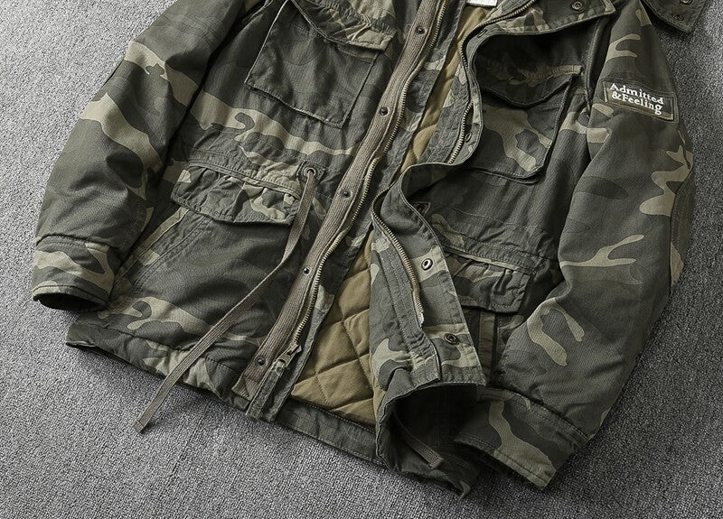 Heavy Distressed Hooded Camouflage Cargo Jacket – Oversized Cotton Outdoor Coat