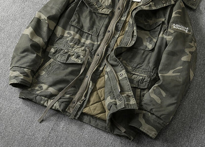 Heavy Distressed Hooded Camouflage Cargo Jacket – Oversized Cotton Outdoor Coat