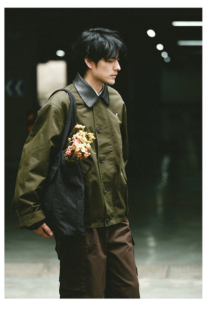 American Vintage Hunting Jacket – Heavy Leather-Collar Harrington Cargo Coat Unisex