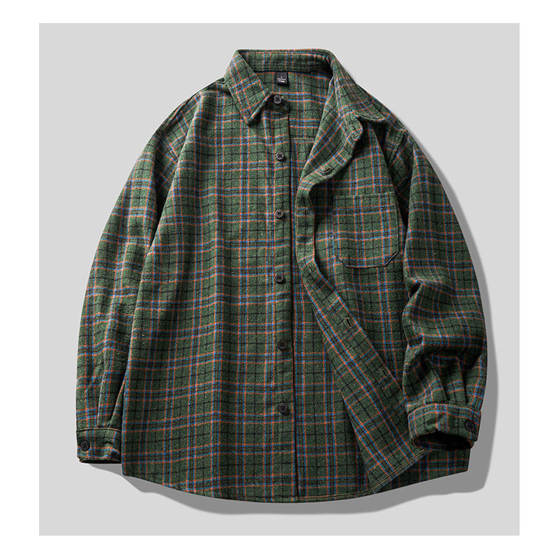 Brushed Plaid Long Sleeve Shirt Jacket – Vintage Loose Unisex Casual