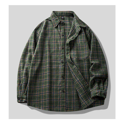 Brushed Plaid Long Sleeve Shirt Jacket – Vintage Loose Unisex Casual