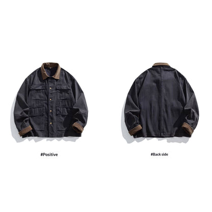 Cotton Cargo Jacket – Corduroy Collar & Four Pockets | Yamalin clothes | Vintage workwear outfit for men