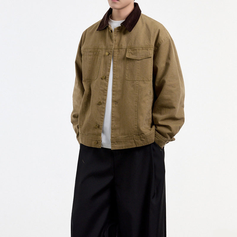 {{ American Vintage Detroit Cargo Jacket – Washed Canvas Contrast Lapel Loose Fit for Men – Japanese vintage | yamalin clothes | Yamalinclothes }}