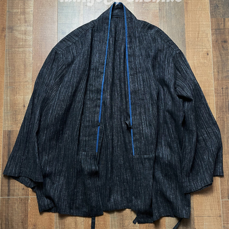 Indigo-Dyed Cotton Linen Haori Lace-Up Jacket – Chinese Japanese Unisex – Japanese vintage | yamalin clothes | Yamalinclothes