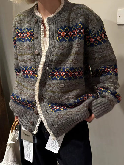 Fair Isle Lace Trim Wool Cardigan – Vintage Knit Jacket Women