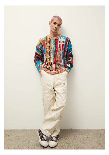 Japanese Retro Portrait Pattern Sweater - Red Crew Neck Pullover