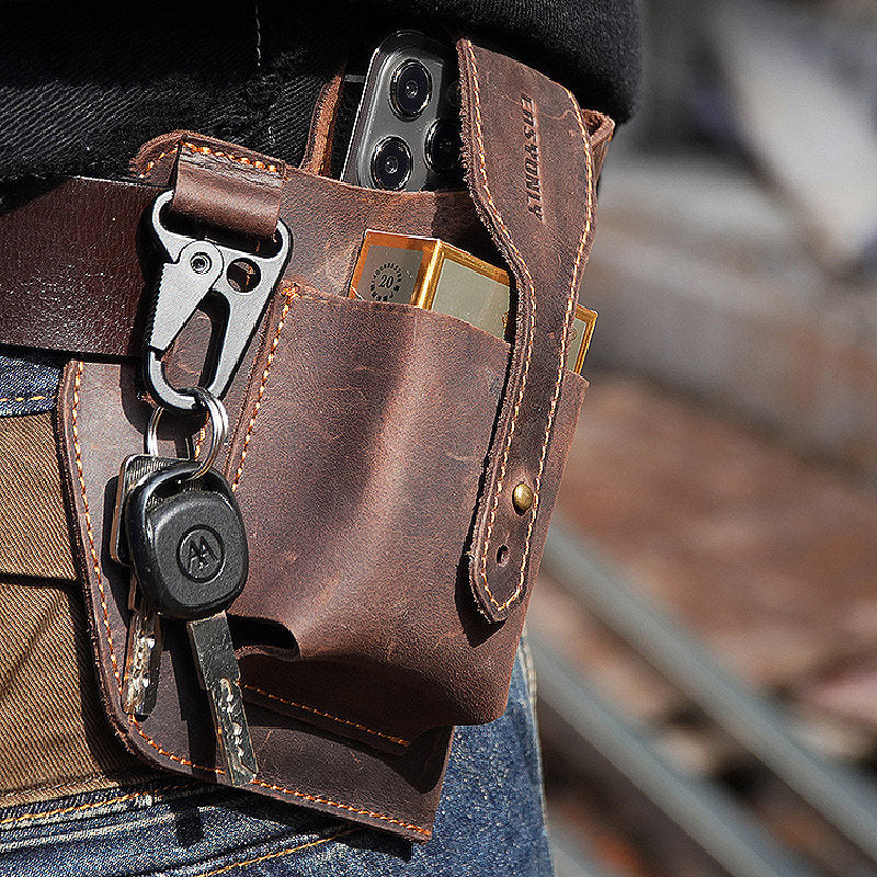 Crazy Horse Leather Phone Waist Bag – Retro Men's Belt Bag