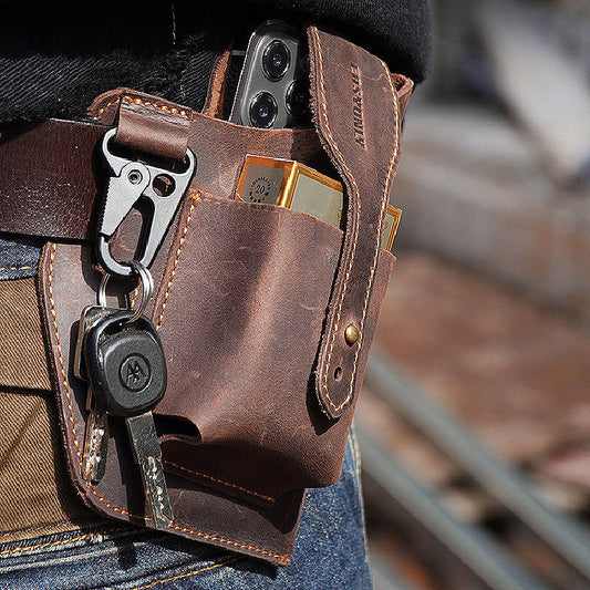 Crazy Horse Leather Phone Waist Bag – Retro Men's Belt Bag