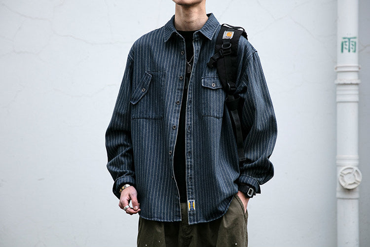 Striped Denim Shirt – Asymmetric Chest Pockets | Yamalinclothes