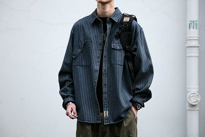 Striped Denim Shirt – Asymmetric Chest Pockets | Yamalinclothes