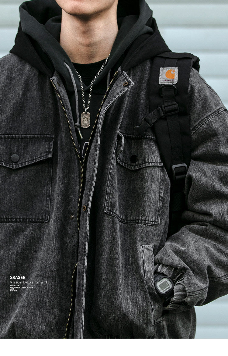 Washed Hooded Denim Patchwork Cotton Jacket – Drop Shoulder Loose Workwear Unisex – Coats Jackets | japanese streetwear | vintage workwear | unisex | Yamalinclothes