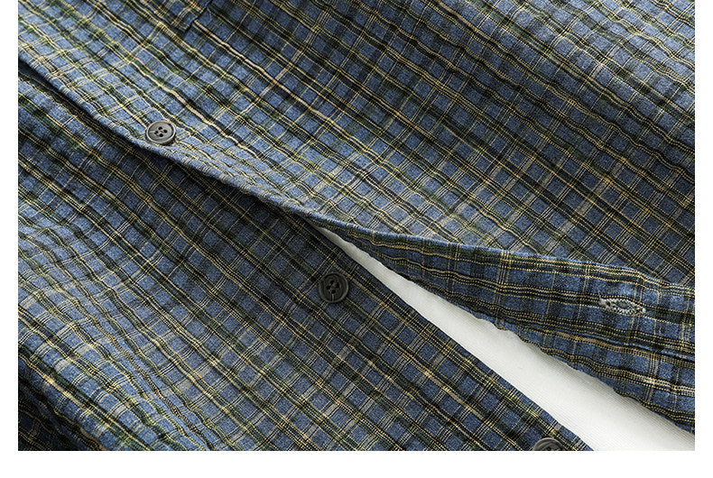Retro Seersucker Plaid Shirt – Loose Fit Japanese Summer Short Sleeve for Men – Japanese vintage | yamalin clothes | Yamalinclothes