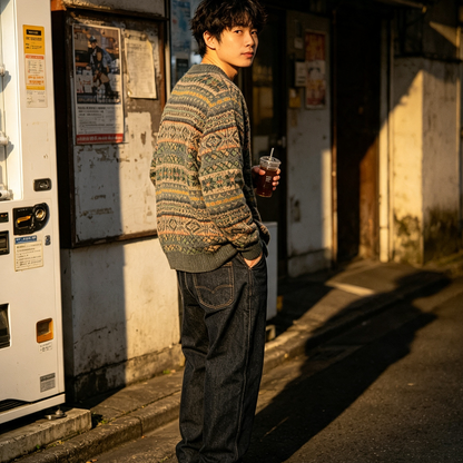 100% Wool Jacquard Stripe Crew Neck Sweater – Men's Thick Knit Pullover