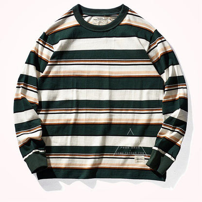 Heavy 300g Cotton Striped Long Sleeve T-Shirt – Japanese Retro Loose Unisex – T-Shirts | japanese streetwear | vintage workwear | unisex | Yamalinclothes
