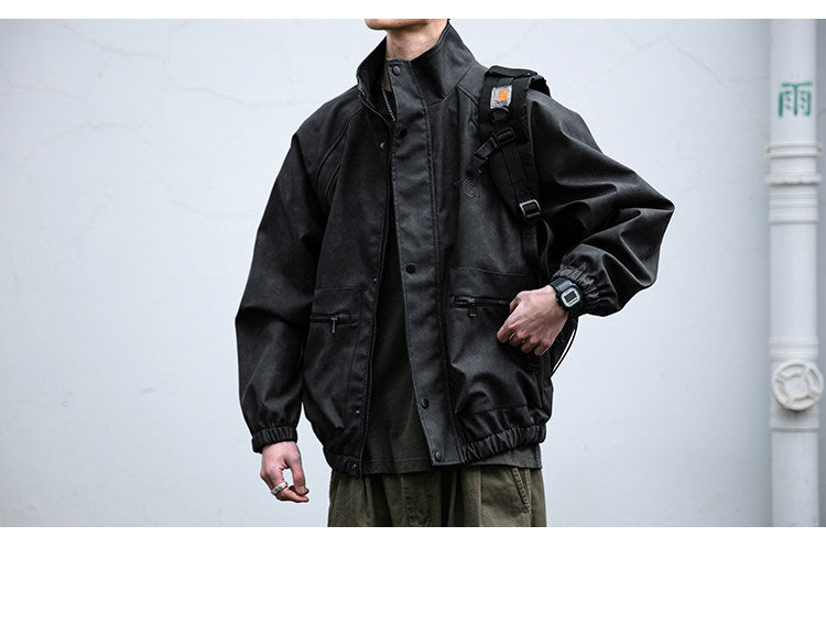 Letter Embroidery Stand-Collar Moto Jacket – American Retro Oversized Unisex