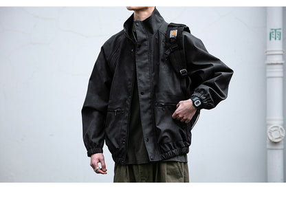 Letter Embroidery Stand-Collar Moto Jacket – American Retro Oversized Unisex