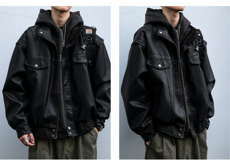 American Vintage Pebbled Leather Moto Jacket – Oversized Stand Collar Men's Coat
