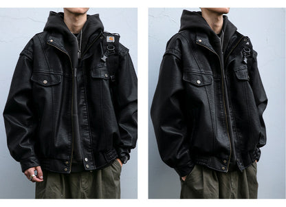 American Vintage Pebbled Leather Moto Jacket – Oversized Stand Collar Men's Coat