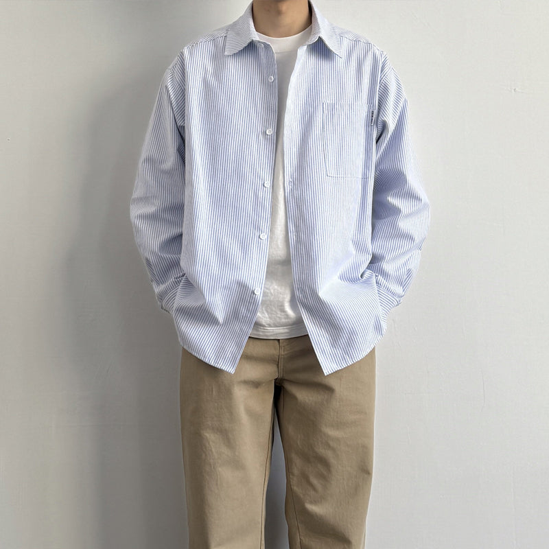 Japanese Vintage Blue & White Striped Oxford Cargo Shirt – Loose Fit Lapel Long Sleeve – Japanese vintage | yamalin clothes | Yamalinclothes