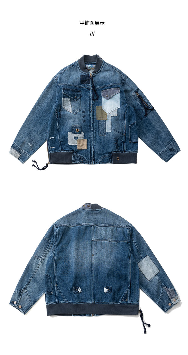 Hand-Embroidered Washed Old Denim Jacket – Patch Detail (Unisex)