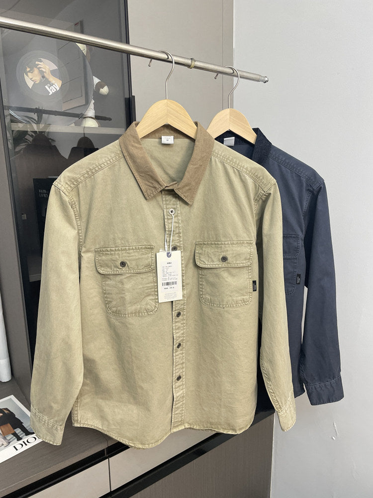Contrast Stitch Lapel Cotton Shirt – American Retro Workwear Pocket Unisex – Coats Jackets | japanese streetwear | vintage workwear | unisex | Yamalinclothes
