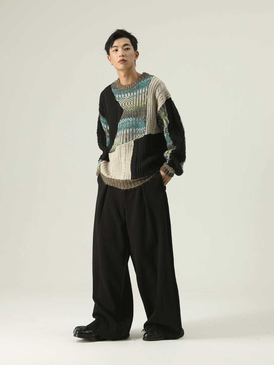 Heavy-weight twisted patchwork gradient back collar camel wool sweater