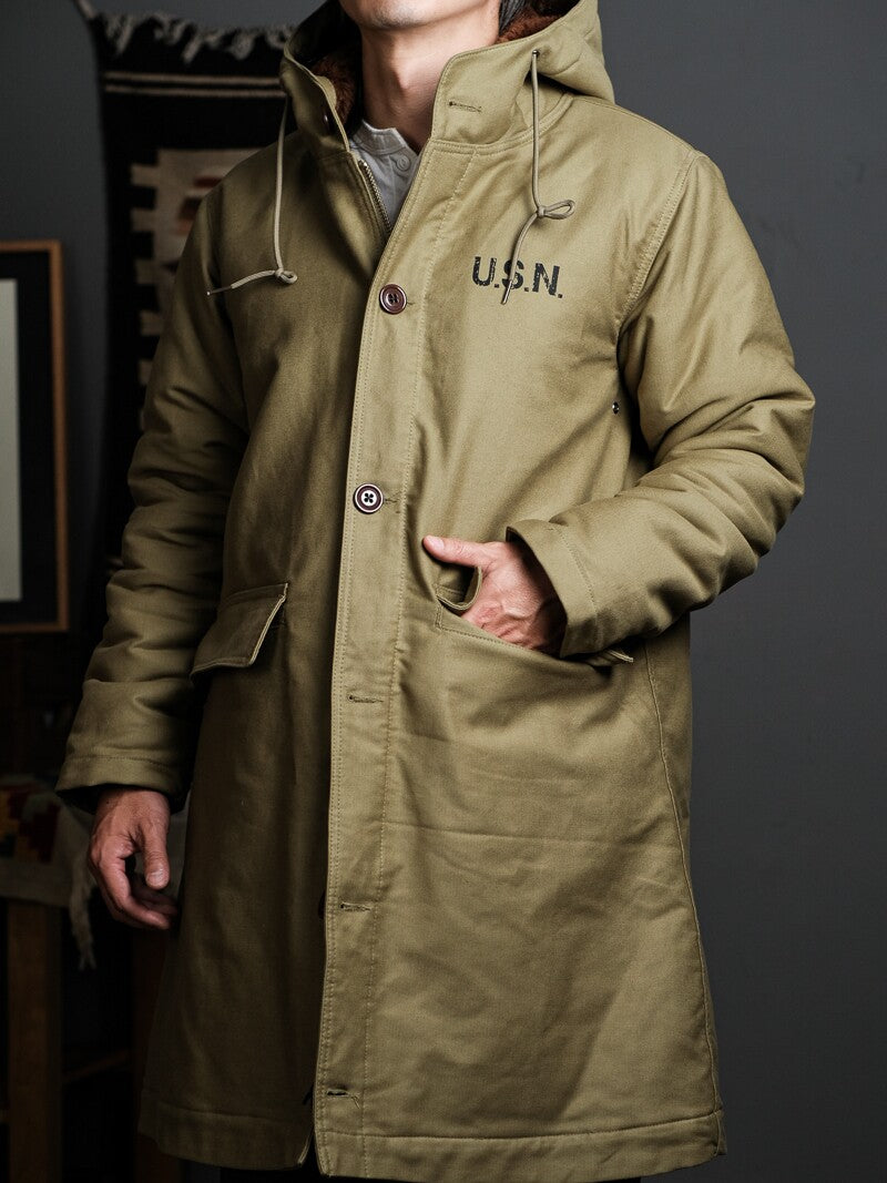Heavy Wool Hooded Deck Parka – Long Padded Military-Style Jacket