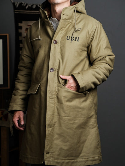 Heavy Wool Hooded Deck Parka – Long Padded Military-Style Jacket