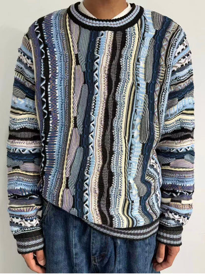 Vertical Stripe Patchwork Jacquard Crew Neck Sweater – Loose Unisex