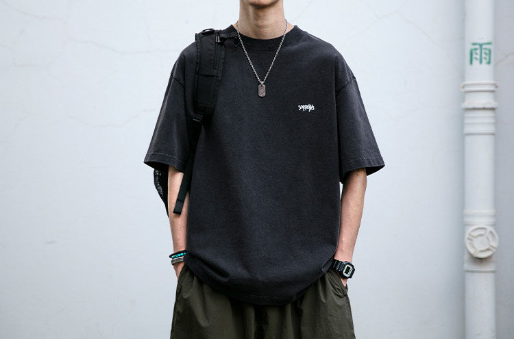 320G Heavyweight Washed Distressed Short Sleeve T-Shirt – Letter Embroidery Vintage Tee for Men – Japanese vintage | yamalin clothes | Yamalinclothes
