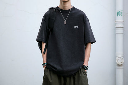 320G Heavyweight Washed Distressed Short Sleeve T-Shirt – Letter Embroidery Vintage Tee for Men – Japanese vintage | yamalin clothes | Yamalinclothes