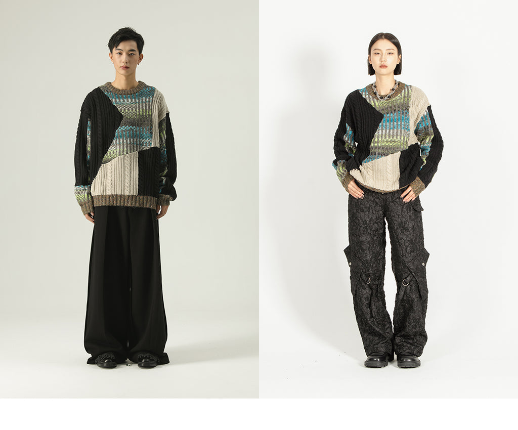 Heavy-weight twisted patchwork gradient back collar camel wool sweater