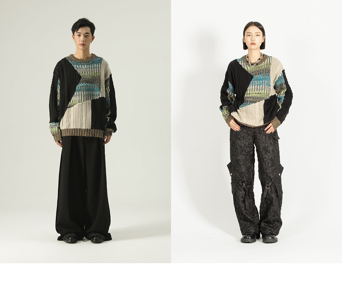 Heavy-weight twisted patchwork gradient back collar camel wool sweater