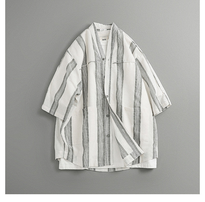 Japanese Retro Striped Shirt Jacket – Loose Fit Haori Style Outerwear for Men – Japanese vintage | yamalin clothes | Yamalinclothes