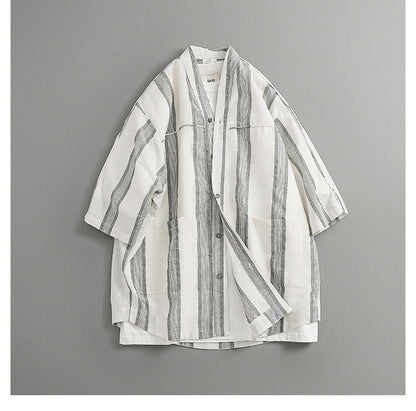 Japanese Retro Striped Shirt Jacket – Loose Fit Haori Style Outerwear for Men – Japanese vintage | yamalin clothes | Yamalinclothes
