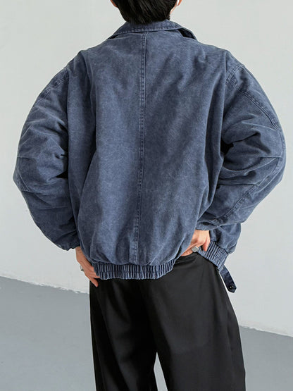 Vintage Distressed Padded Denim Jacket – Oversized Men’s Zipper-Trim Quilted Trucker Coat