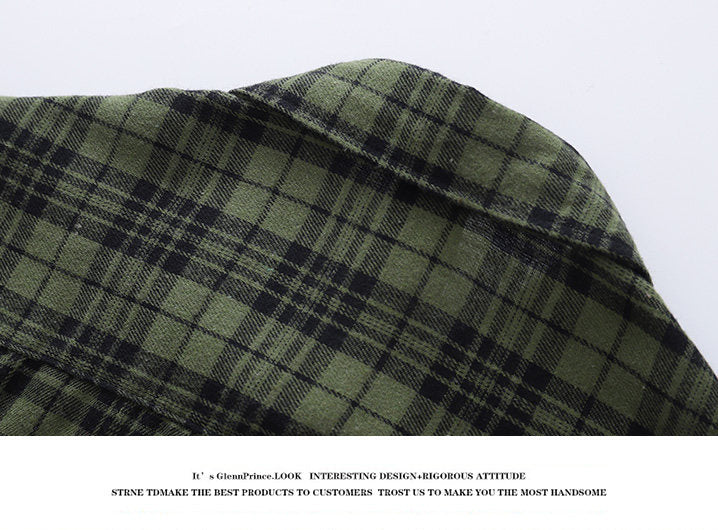 Vintage Sanded Green Plaid Long Sleeve Shirt – Loose Unisex Casual